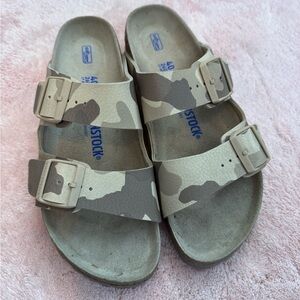 Birkenstock Tan and Brown Camo Sandals with Adjustable Straps